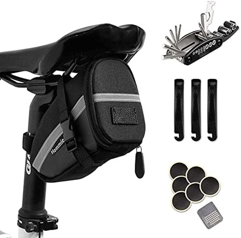 Bike Bag with 16 in 1 Repair Tool Kits, Bike Saddle Bag Waterproof, Bicycle Saddle Bag with Reflective Strip, MTB Saddle Bag with Puncture Repair Kit, Underseat Bike Bag,Bicycle Tool Bag,Black