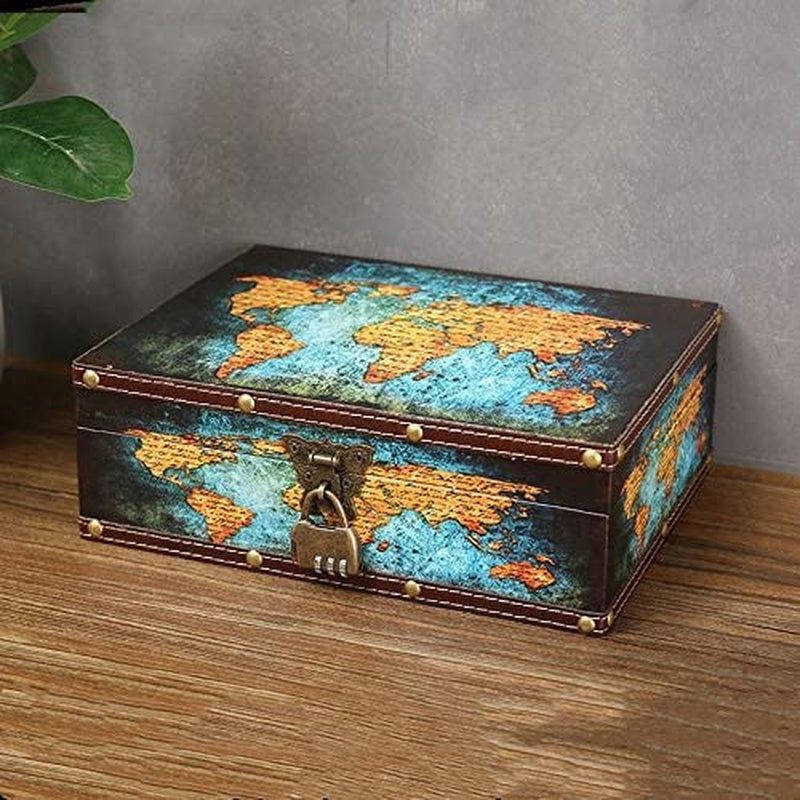 Vintage Wood Treasure Chest Keepsake Jewelry with Map Leather Surface |Treasure Box Kids Pirate Treasure Chest with Lock |Kids Storage Treasure Chest, Also for Teenagers and Adults 10.6"*8.6"*3.6"
