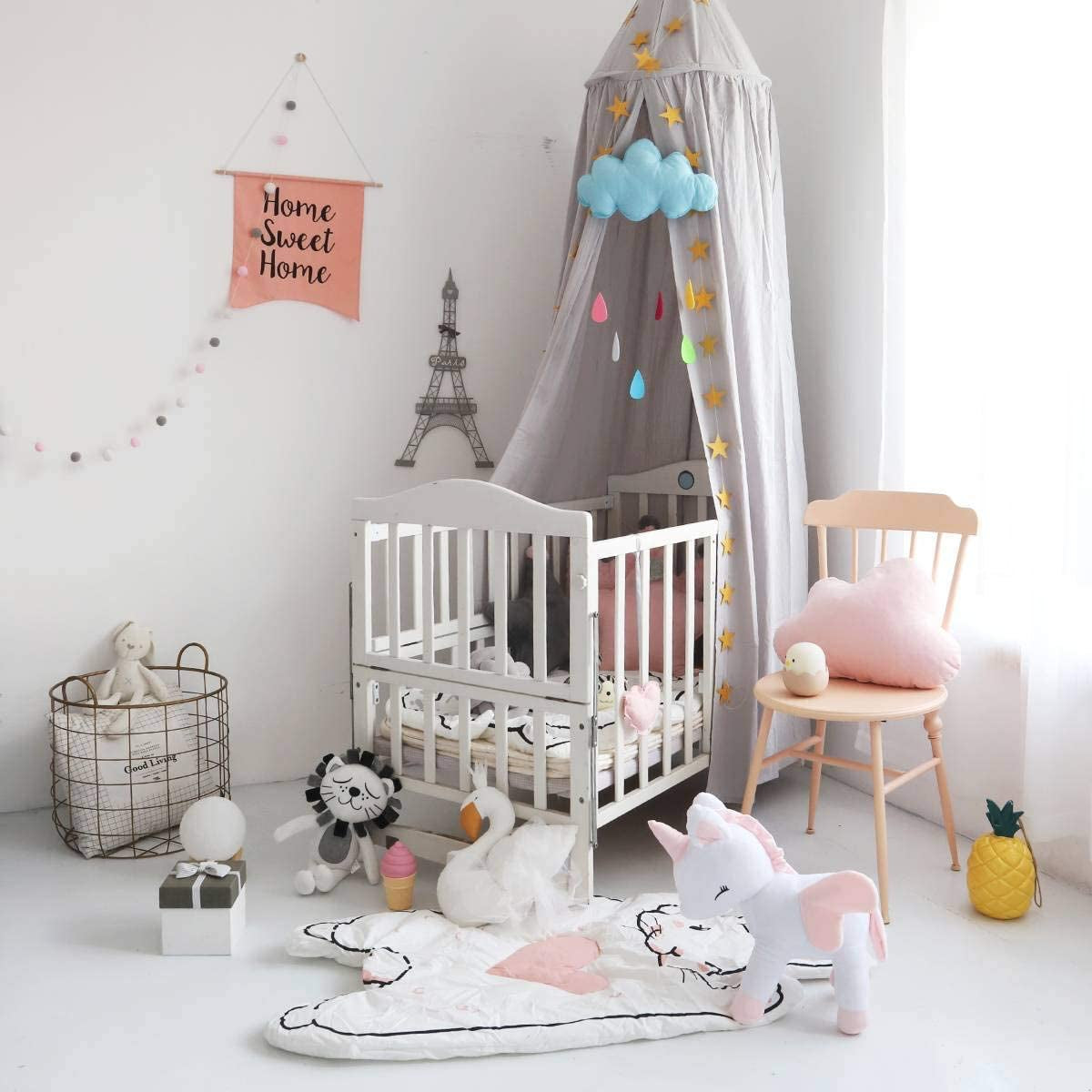 Dix-Rainbow Children Bed Canopy Grey round Dome, Nursery Room Decorations, Cotton Net Bed Canopies Kids Play Tent for Baby, Height 240Cm/94.5In