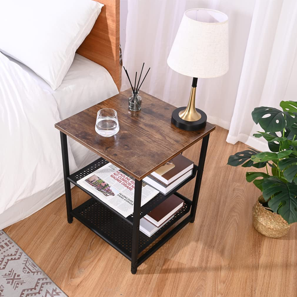 Side Table, Nightstand, Set of 2 Industrial Style Sofa End Table 42 X 42 X 52 Cm,With 2 Adjustable Mesh Shelves, Easy Assembly, for Living Room,Bedroom, Office,Wood & Metal,Rustic Brown