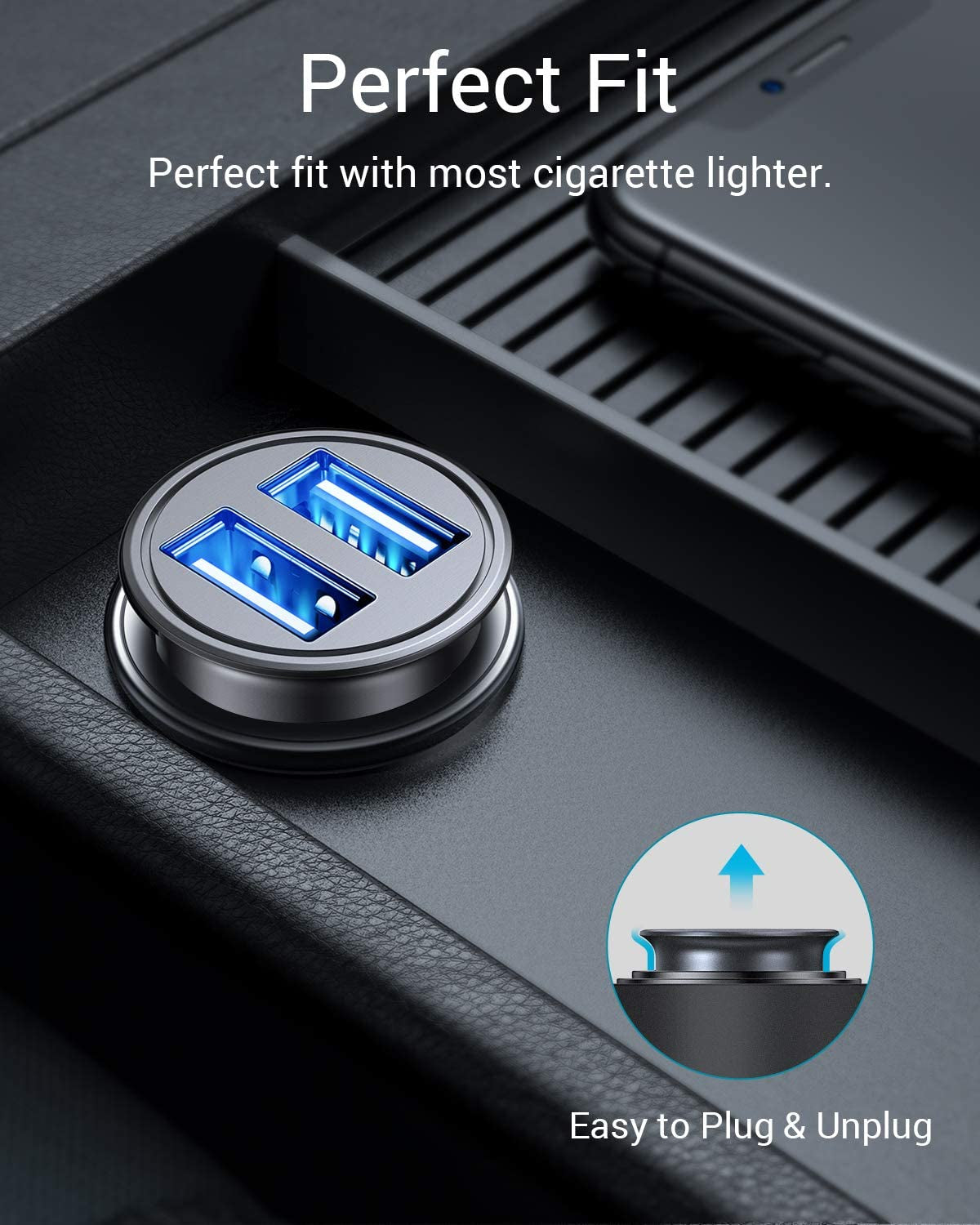 Car Charger, 4.8A/24W Metal USB Car Charger Adapter Dual Port Fast Charging Car Phone Charger Flush Fit Compatible for Iphone 13/12/11 Pro/Xr/7, Ipad Air 2/Mini, Samsung S10/S9, Huawei (Black)