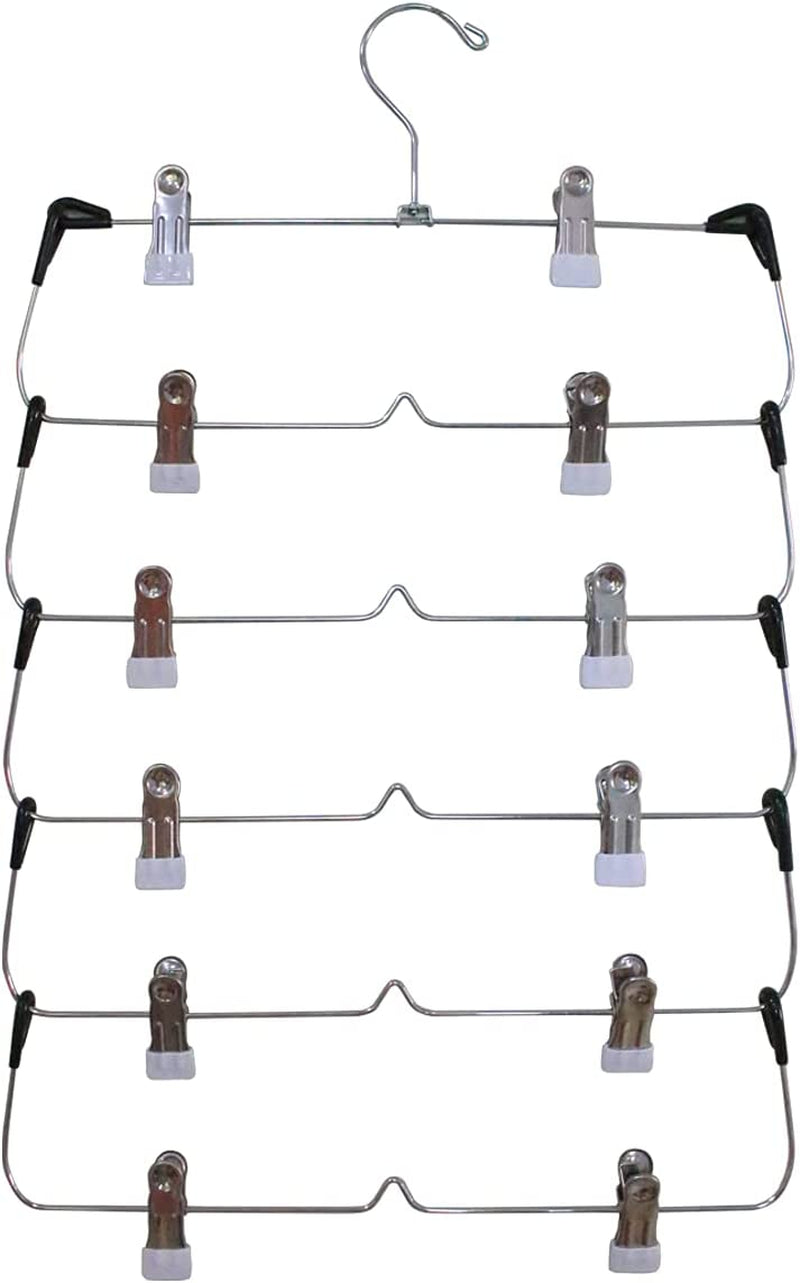 6 Tier Trouser Hangers with Clips, 2 Pack Strong & Durable Chrome Metal Skirt Hangers - Space Saving, Multi Hanger with Non Slip Adjustable Clip for Trousers, Hang Skirts Pants Jeans