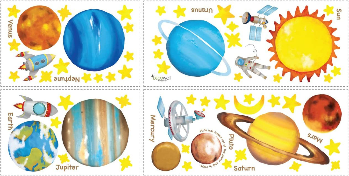 DW-1307 Planets in the Space Kids Wall Stickers Decals Peel and Stick Removable for Nursery Bedroom Living Room Art Murals Decorations