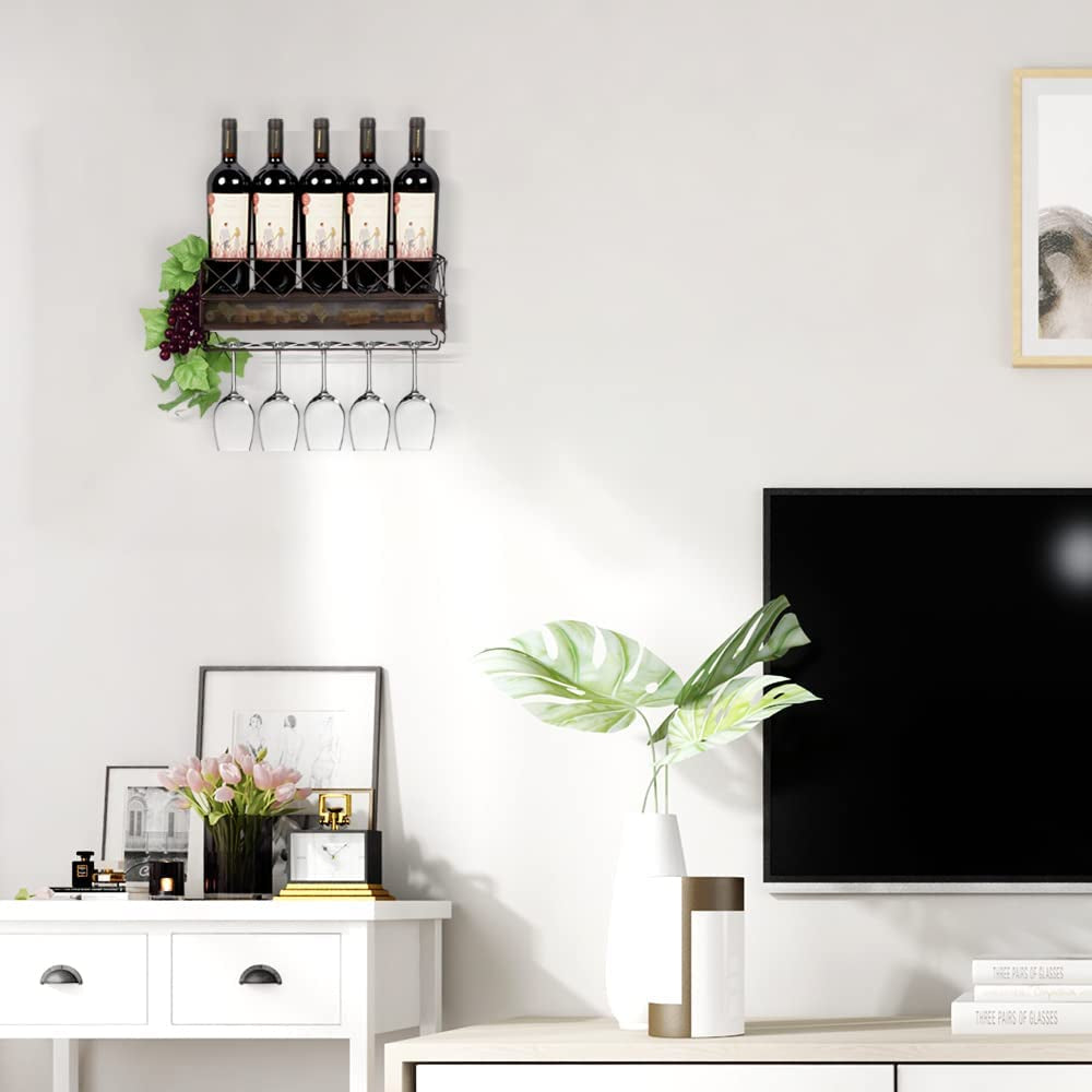 Wall Mounted Wine Rack with Glass Holder Metal Wine Shelf Champagne Bottle Holder Hanging Rustic Wine Holder Floating Wine Shelf for Kitchen, Bronze