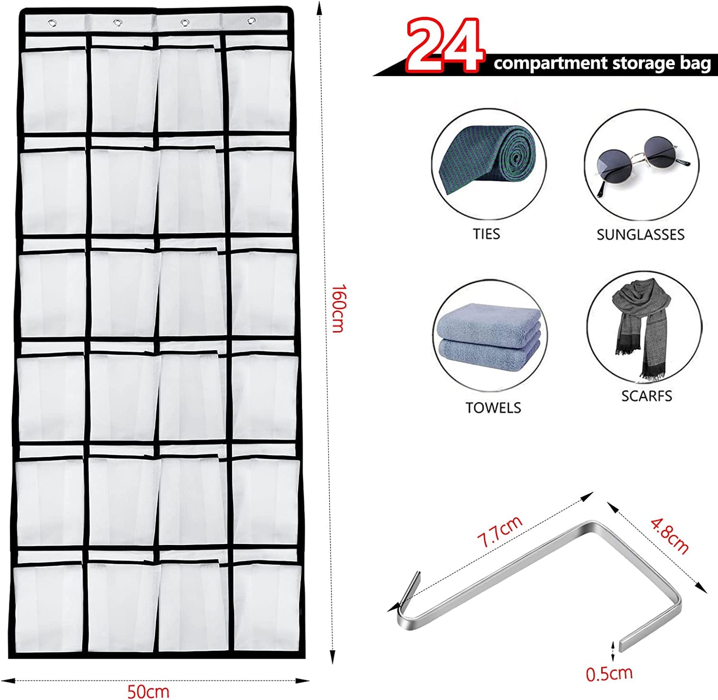 24 Pocket Storage Hanging ,50Cm W X 160Cm H Shoe Storage over the Door Large Mesh Organiser Storage Rack Stand Tidy Organiser with Hooks