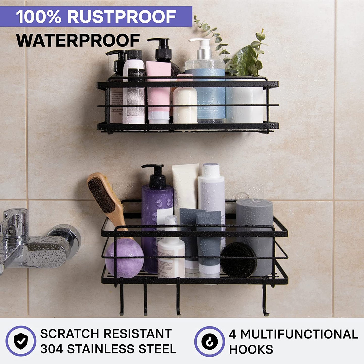 Shower Caddy Basket Shelf Pack of 2 - Adhesive Drill-Free Home Kitchen or Bathroom Organiser - Black Shower Storage Shelves - Bath Tray W/ Hooks for Accessories