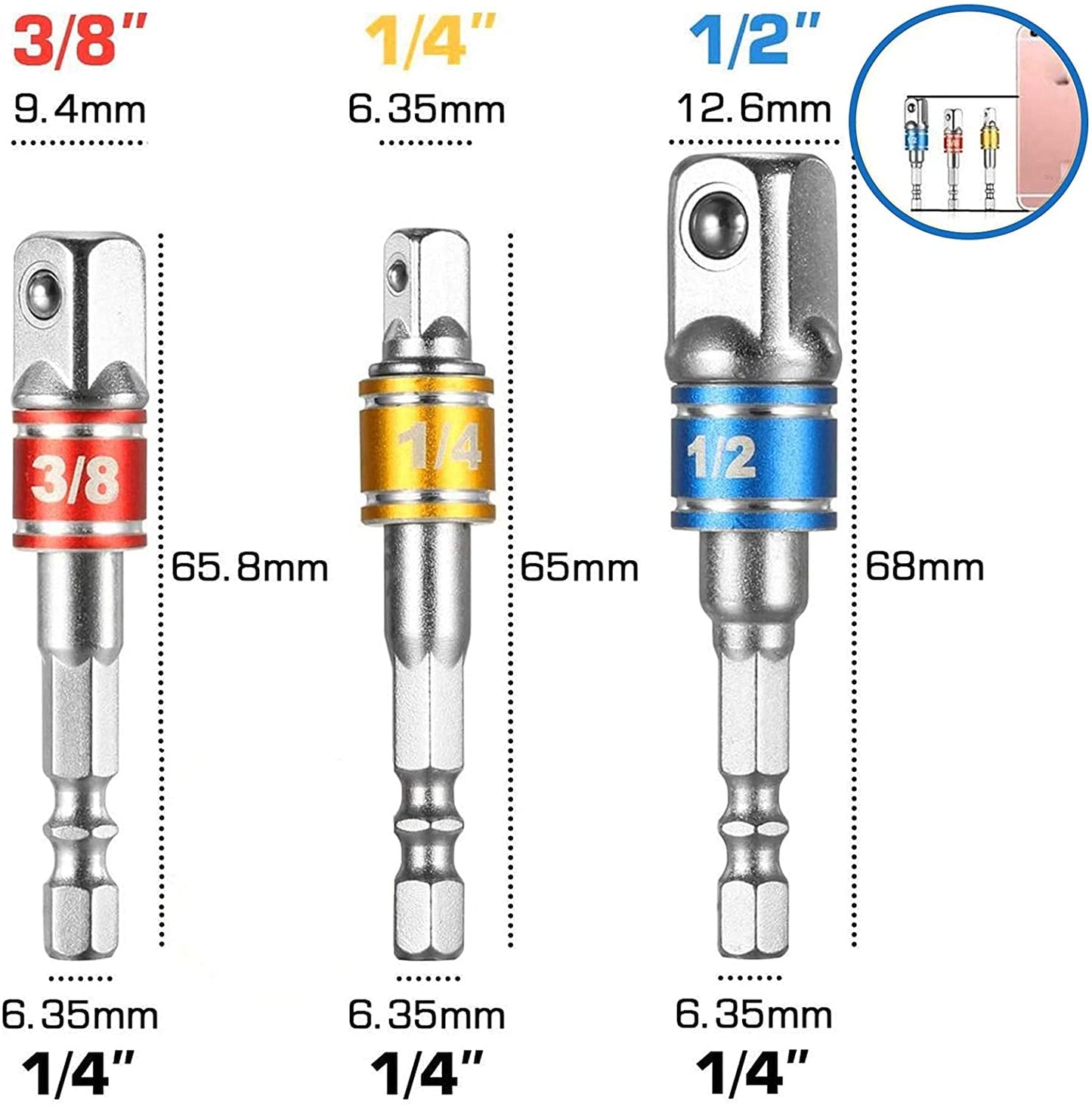 Set Power Hand Tools Driver,3 Pcs 1/4", 3/8", 1/2" Driver Extension Impact Grade Socket Adapter Set,Hex Shank Bit Square Nut Driver Set,For Automotive, Home Repair Tool Kits