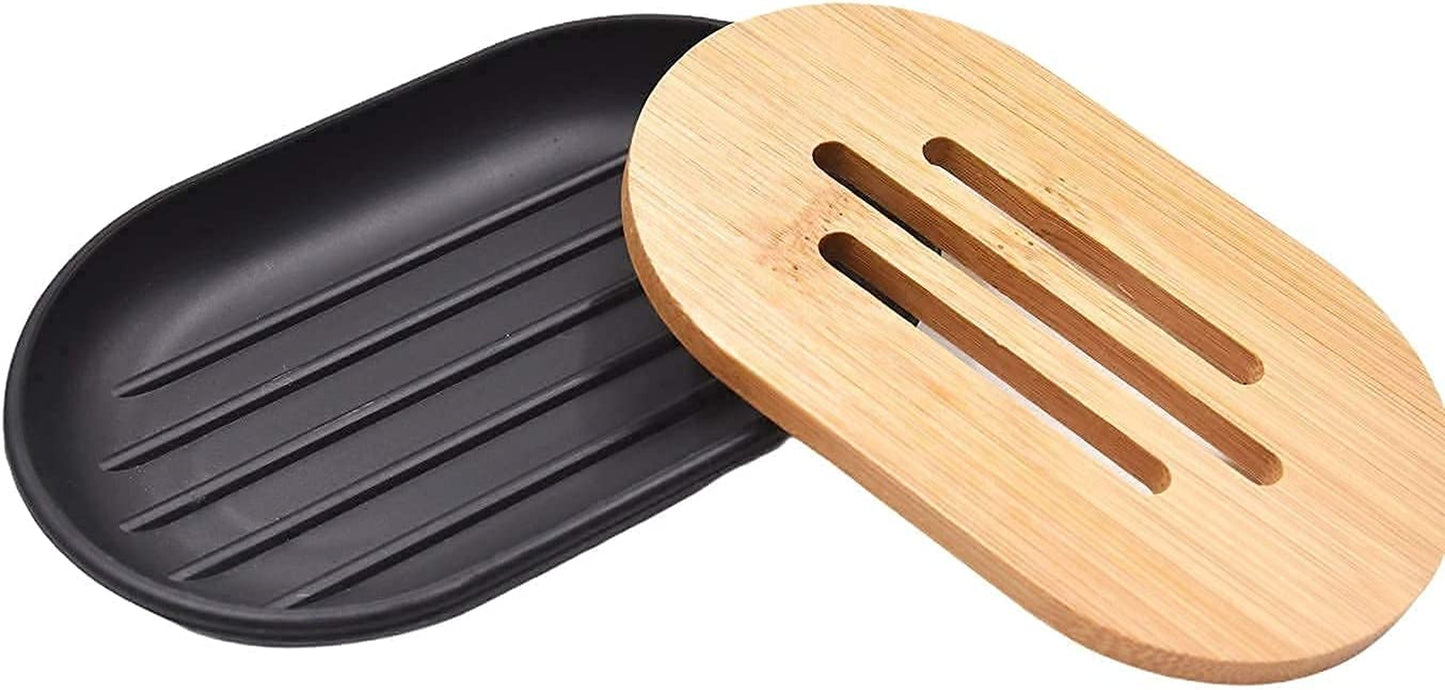 Belcka - 6 Pieces Bamboo Bathroom Accessories- Bathroom Bin and Toilet Brush Set- Durable Toothbrush Holder Cup- Soap Dispenser with Pump- Soap Dish Holder- Modern Trash Can- Black