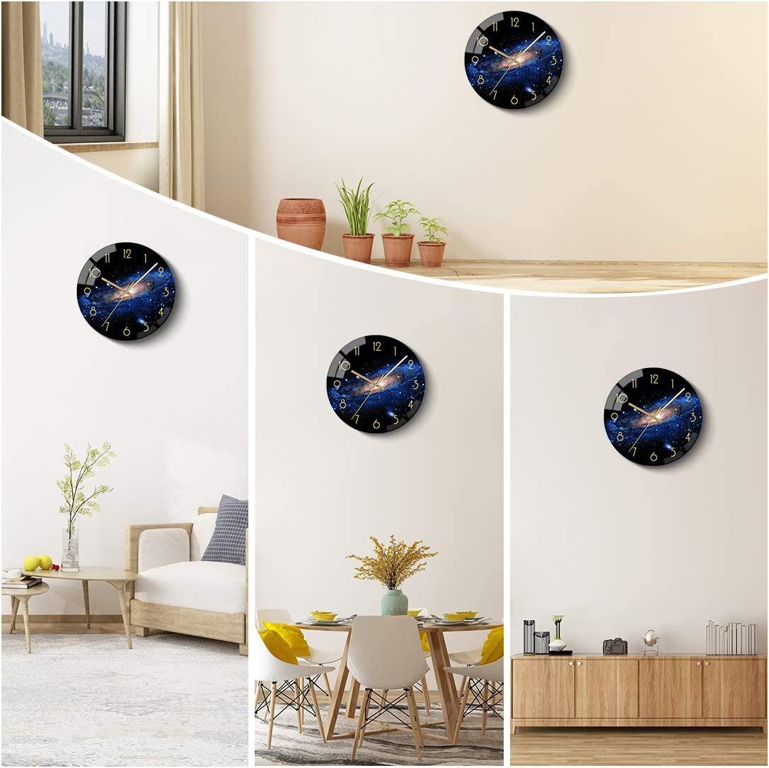 Black Arabic Numerial Wall Clock 12 Inch Silent Quality Quartz Battery Operated Wall Clocks- round Glass Wall Clocks for Kitchen, Living Room, Dining Room and Bedroom - Night Sky Pattern