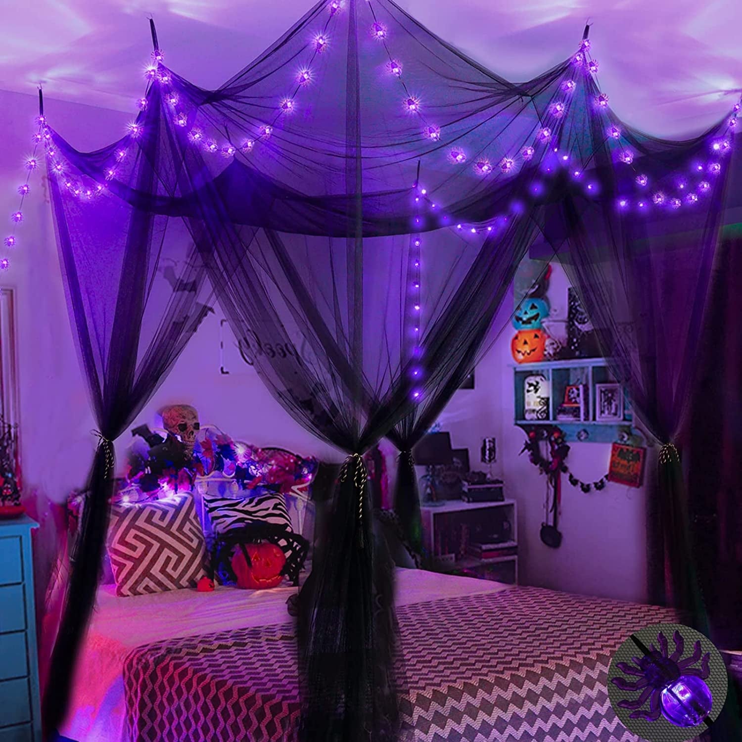 Black bed deals canopy with lights