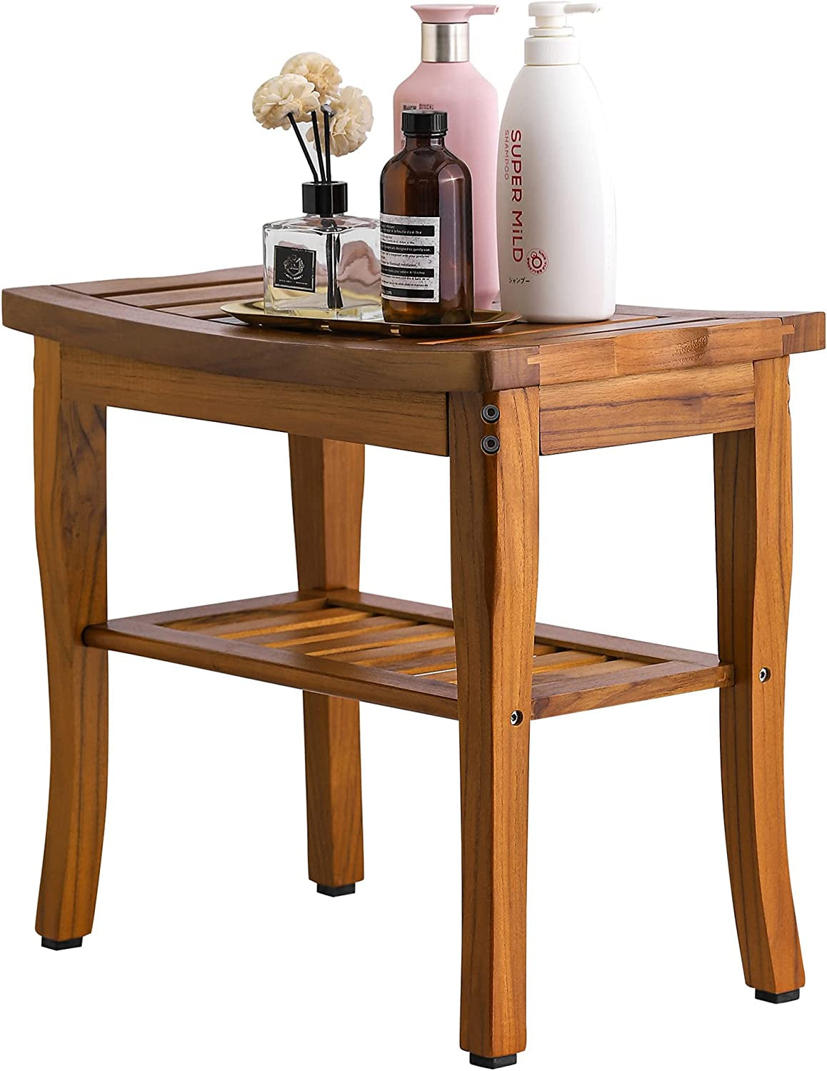 Teak Shower Bench, Spa Bath Shower Stool with Storage Shelf, Wooden Seat Stool for Bathroom