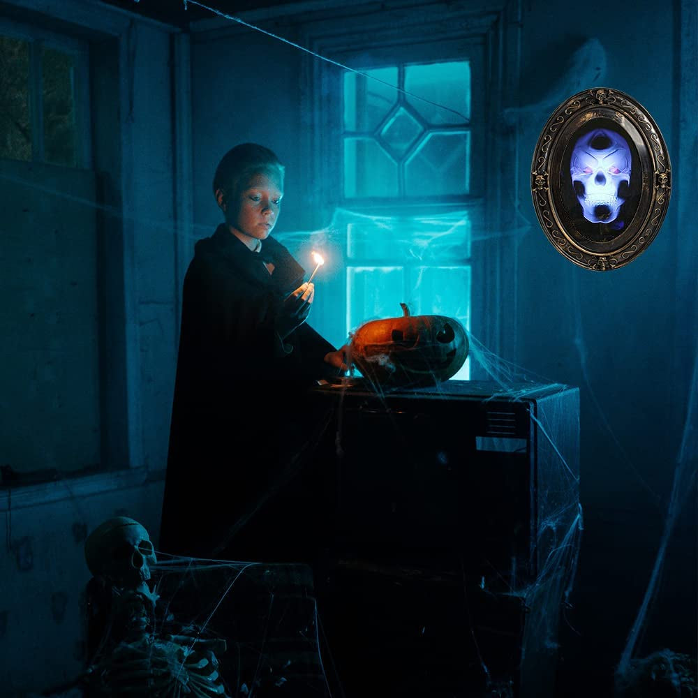 Halloween Haunted Mirror, Speaking Halloween Mirror Decoration, Scary Spooky Face Halloween Horror Skull Horrible Mirror with Motion Sensor, Light, Creepy Sound, Indoor Halloween Party Prop