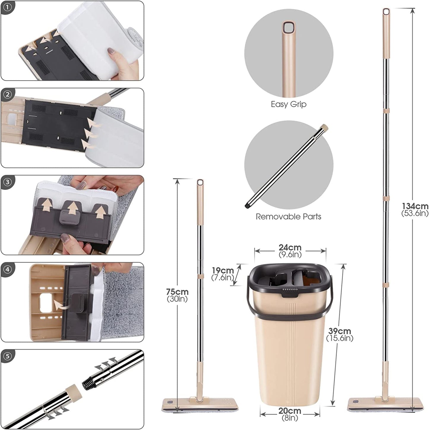 Mop and Bucket Set, Microfibre Flat Mop for Wet & Dry with 134Cm Adjustable Handle, 6 Reusable Mop Pads, Easy Squeeze Mop Bucket for All Floors Types