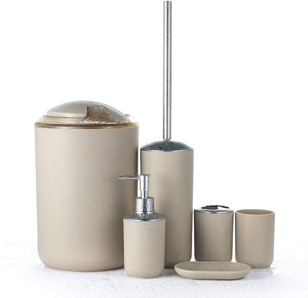 6 Piece Plastic Bathroom Accessory Set Modern Design Bath Accessories Bath Set Lotion Bottles,Toothbrush Holder,Tooth Mug,Soap Dish,Toilet Brush,Rubbish (Beige)