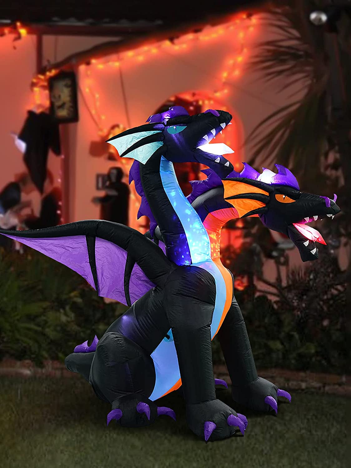 7Ft Halloween Inflatable Decoration 2-Headed Dragon, Giant Animated Fire & Ice Dragon Yard Lawn Outdoor Decoration with Build-In Lights for Holiday Party…
