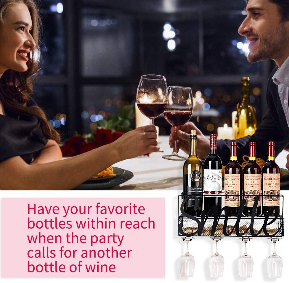 Wall Mounted Metal Wine Rack, Champagne Drink Storage Racks with 4 Long Stem Glass Holders.