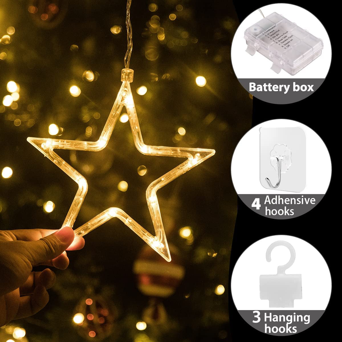 Chritmas Window Lights Indoor Outdoor, 3 Stars Lights 30 Leds Battery Operated Timer for Hanging 8 Modes Warm White Star String Lights, Xtmas Lights Decorative Light for Window, Door, Wall