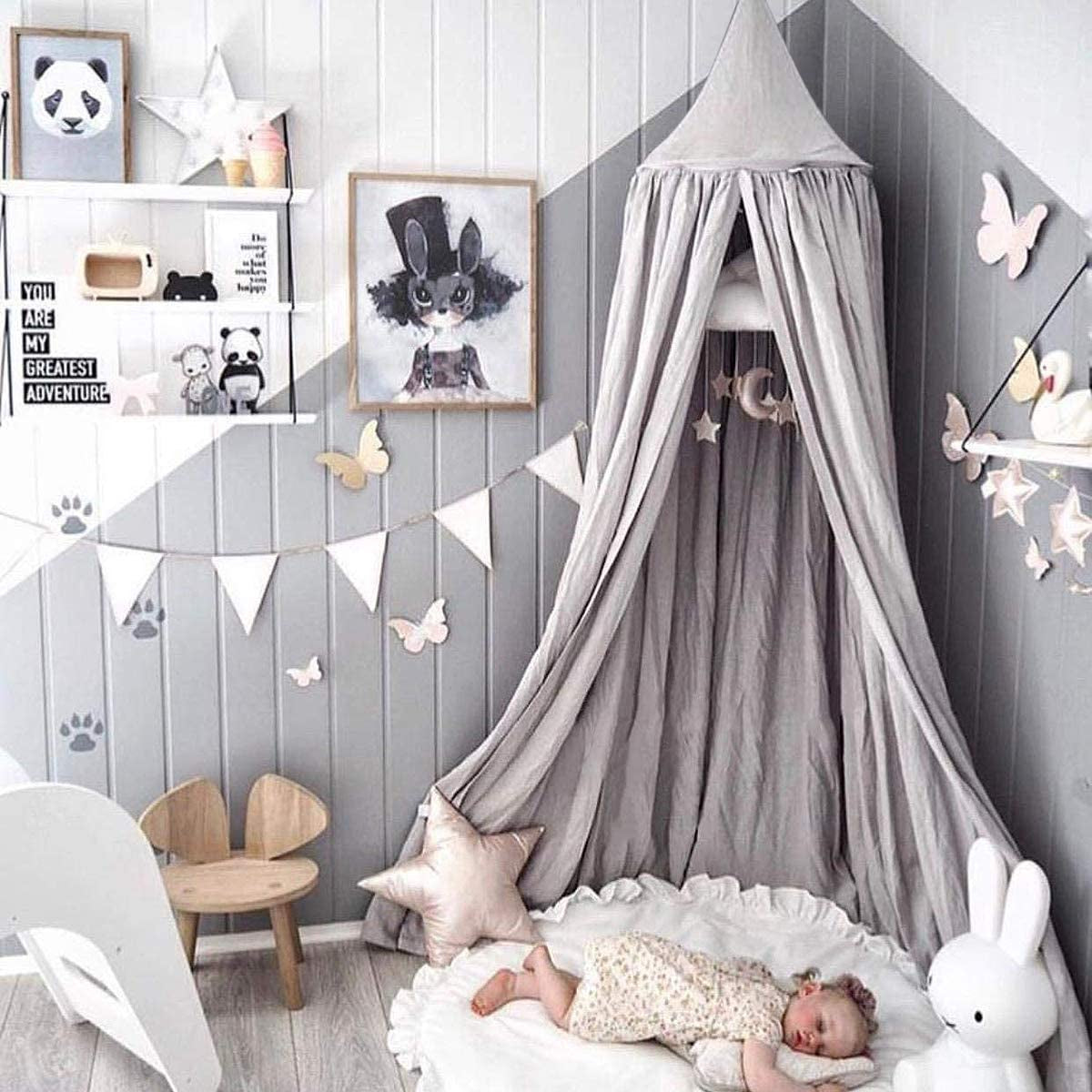 Dix-Rainbow Children Bed Canopy Grey round Dome, Nursery Room Decorations, Cotton Net Bed Canopies Kids Play Tent for Baby, Height 240Cm/94.5In