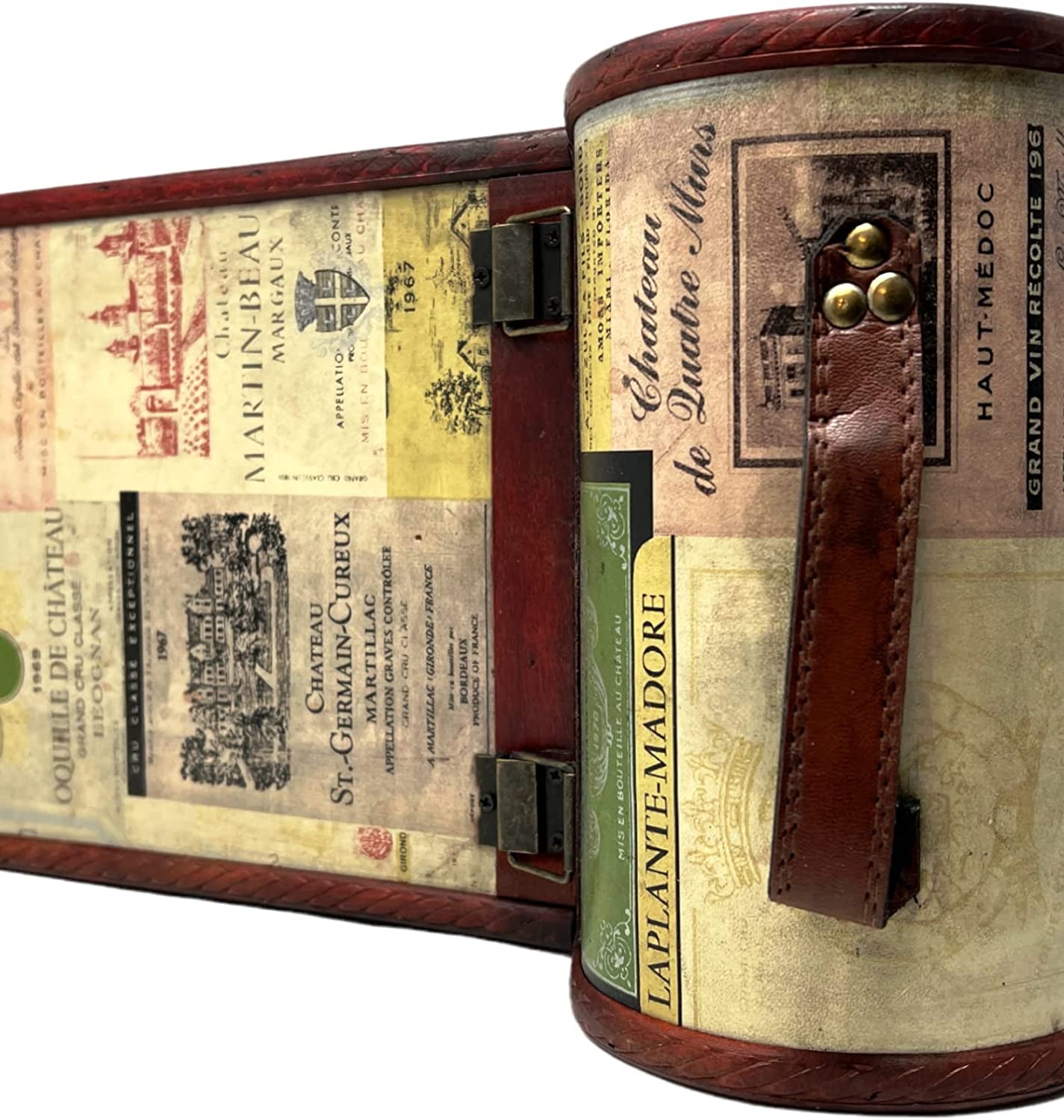 Wooden Wine Gift Box 2 Bottle Carrier Vintage Leather Storage Holder Carrying Case with Handle Champagne Whisky Metal Latch Closure
