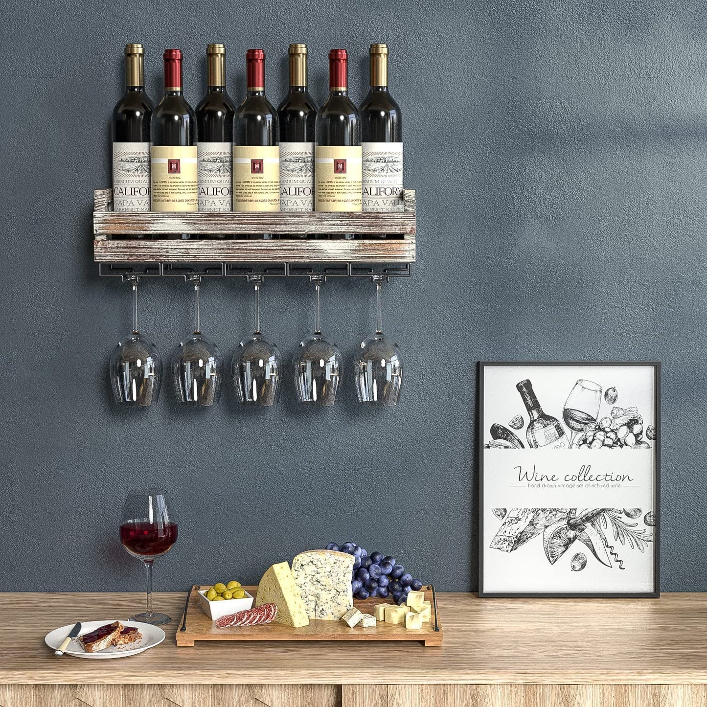 Wall Mounted Rustic Wood Wine Storage Rack with Metal Glass Holder, Holds 6 Bottles, 5 Glasses, Decorative for Home Bar, Dining Room, Kitchen - MK566A