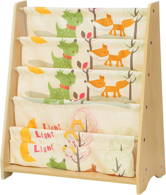 Children'S Sling Bookcase, 4 Tier Fabric Book Shelves for School Supplies Stationery, Storage Unit and Rack in Children'S Room, Nursery, Kindergarten, Animal Theme with Maple Finish GKR71YL