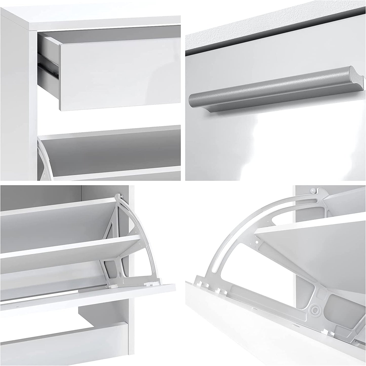 Malea Hallway Storage Set, Hallway Set with 1 Wall-Mounted Shoe Cabinet, 1 Wall-Mounted Mirror and 2 Coat Rack Panels, White Matt/Cream High Gloss