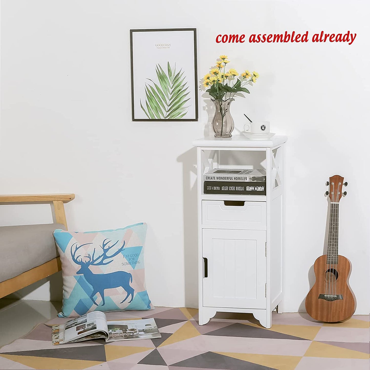 White End Table with Drawer and Shelf - Fully Assembled - Tall Bedside Cabinets/Bedside Table/Bathroom Cabinet/Side Cabinet/Floor Standing Storage Cabinet for Living Room, Bedroom, Hallway