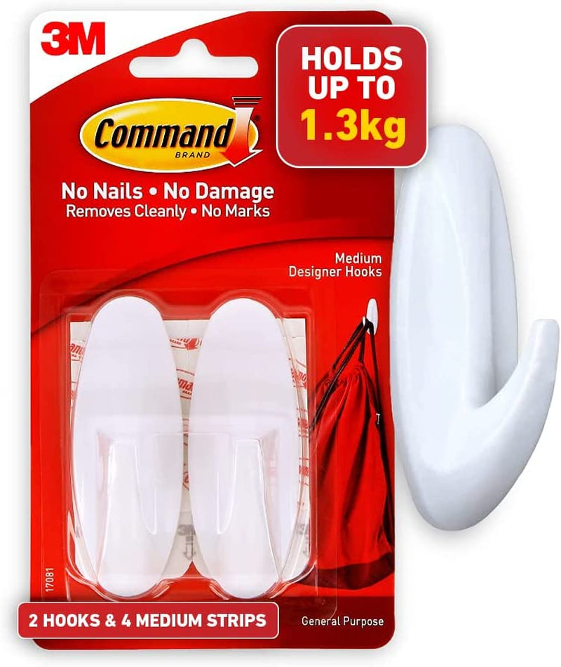 Medium Designer Hook, Pack of 2 Hooks and 4 Adhesive Strips, White - Damage Free Hanging - Holds up to 1.3Kg