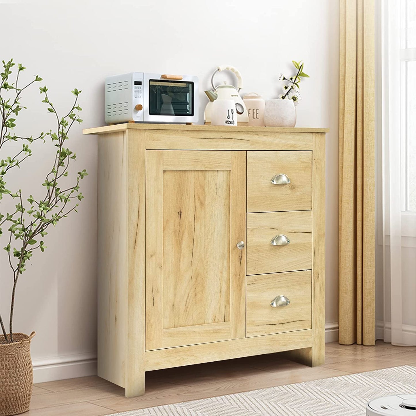 Sideboard Buffet Table with 3 Drawers 1 Door Storage Cabinet for Living Room Hallway Kitchen Sideboard Cupboard for Dining Room Narrow Sideboard Cabinet, 79X35X81Cm (Light Oak)
