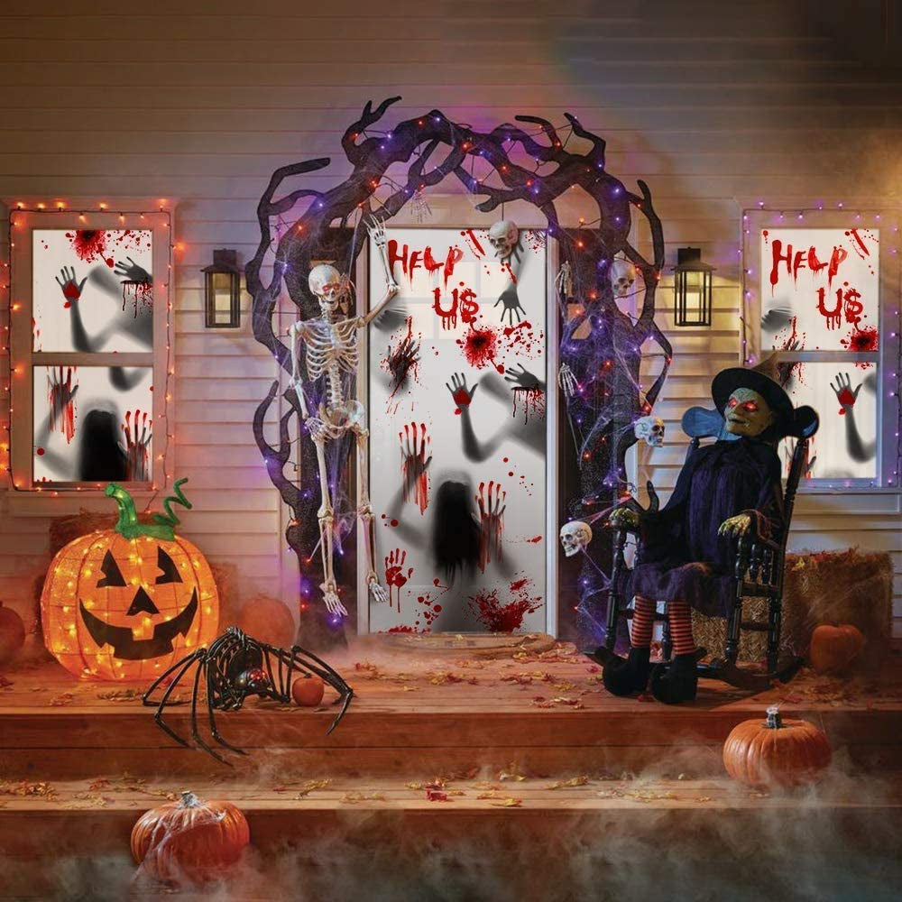 Halloween Window Decorations Zombie Posters - 3 Pcs Giant Bloody Handprints Zombie Silhouettes, Creepy Window Treatment Wall Decor Door Covers for Halloween Scary Haunted House Party Decorations
