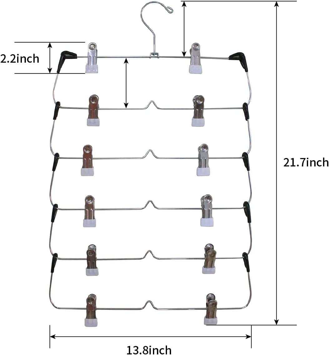 6 Tier Trouser Hangers with Clips, 2 Pack Strong & Durable Chrome Metal Skirt Hangers - Space Saving, Multi Hanger with Non Slip Adjustable Clip for Trousers, Hang Skirts Pants Jeans