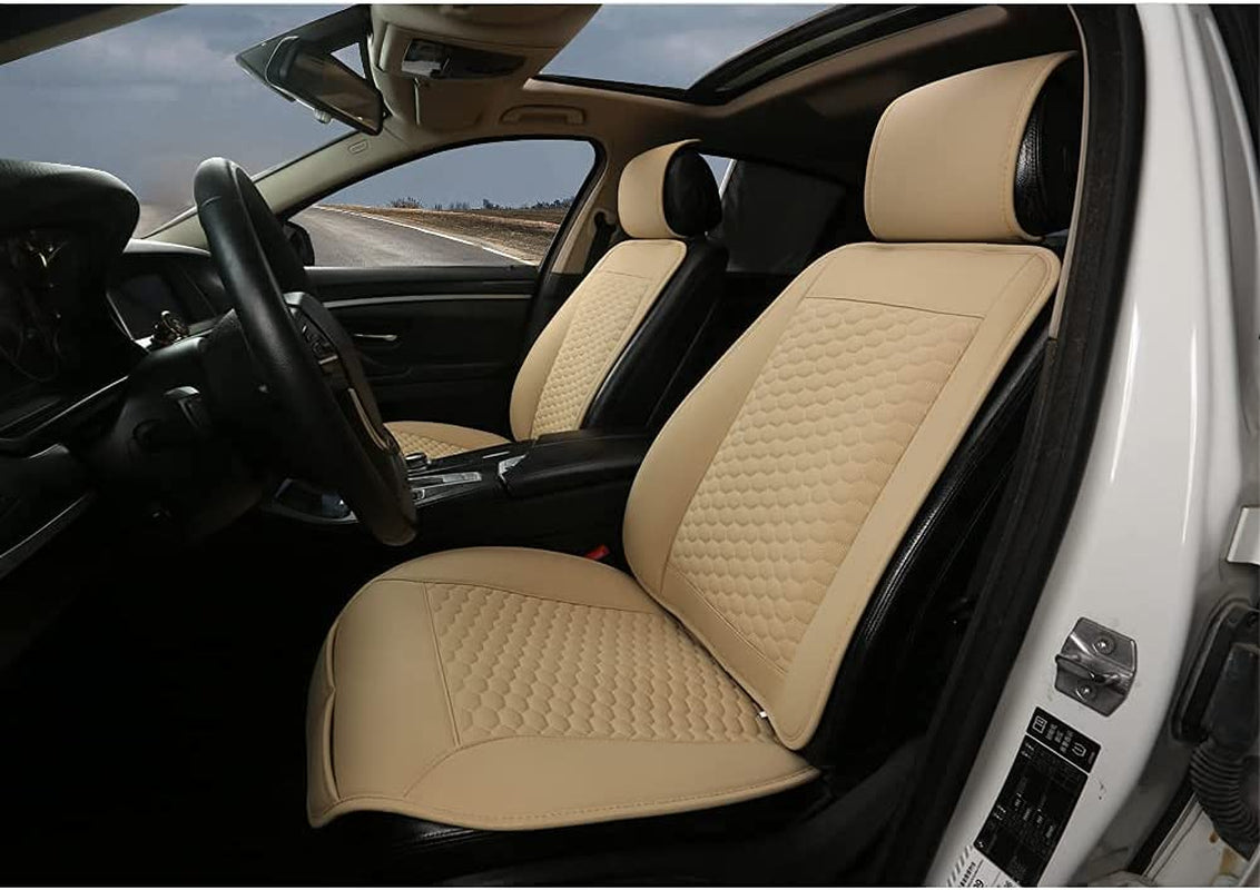 Driver Seat Covers, PU Leather Front Car Seat Protectors, with Lumbar Support and Headrest Cover (2PCS Beige)