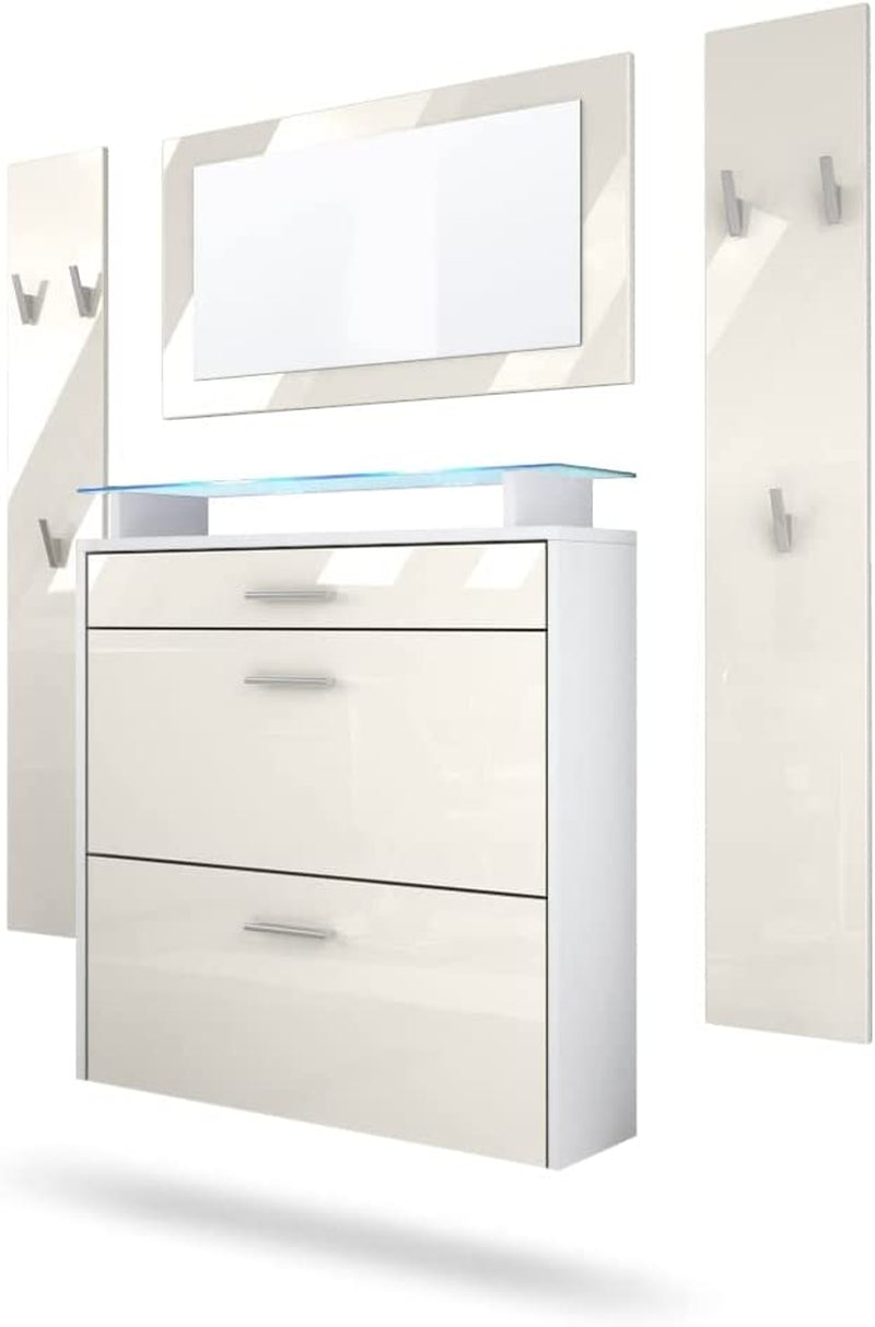 Malea Hallway Storage Set, Hallway Set with 1 Wall-Mounted Shoe Cabinet, 1 Wall-Mounted Mirror and 2 Coat Rack Panels, White Matt/Cream High Gloss