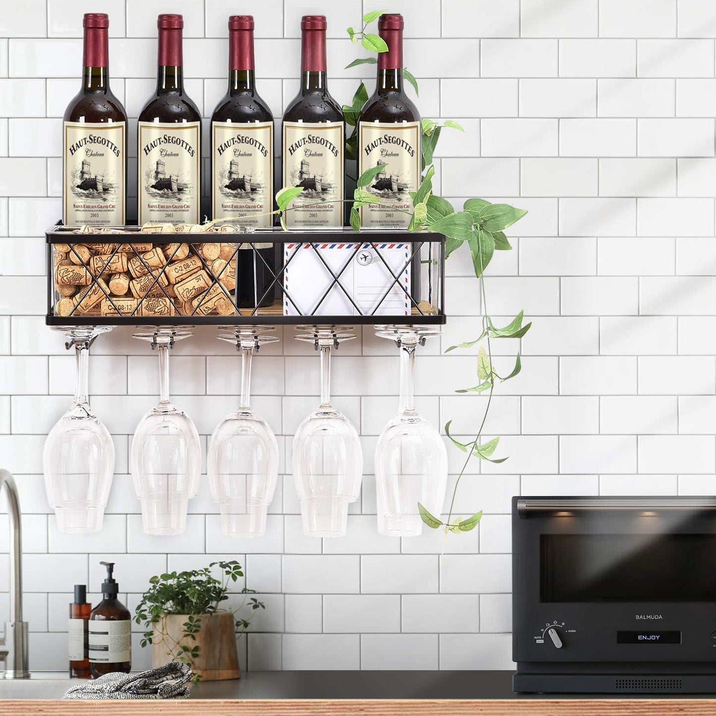 Wall Mounted Wine Rack,Metal & Wooden Wine Shelf with Glass Holder & Cork Storage,Champagne Bottle Holder,Hanging Rustic Wine Holder, Floating Wine Shelf for Kitchen, Home WK810228