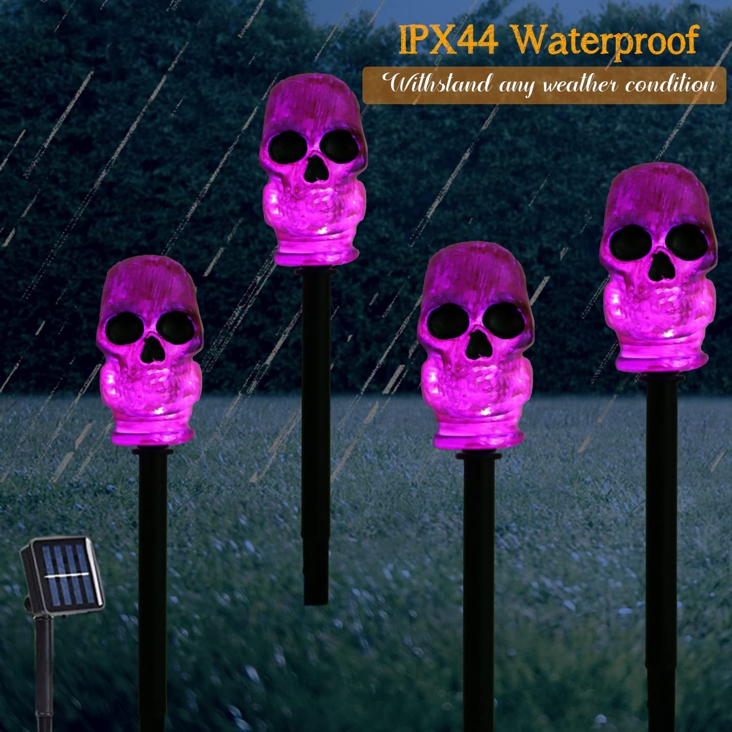 Halloween Decorations Solar Lights Outdoor, Purple Lighted Skeleton Skull Pathway Stake String Lights, 4 Pcs Halloween Yard Stakes Garden Solar Lights, Halloween Party Décor Walkway Lights