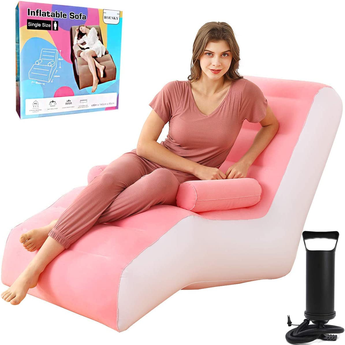 Inflatable Chaise Lounges Folding Lazy Floor Chair Sofa Lounger Bed with Armrests, Send Manual Air Pump (Pink)