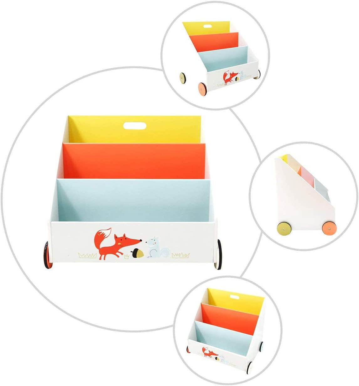 2-In1 Well Bookcase on Wheels for Toddler Toy Storage Unit Wooden Toy Box Creative Bookcase with Cute Animal Patterns Orange Fox’