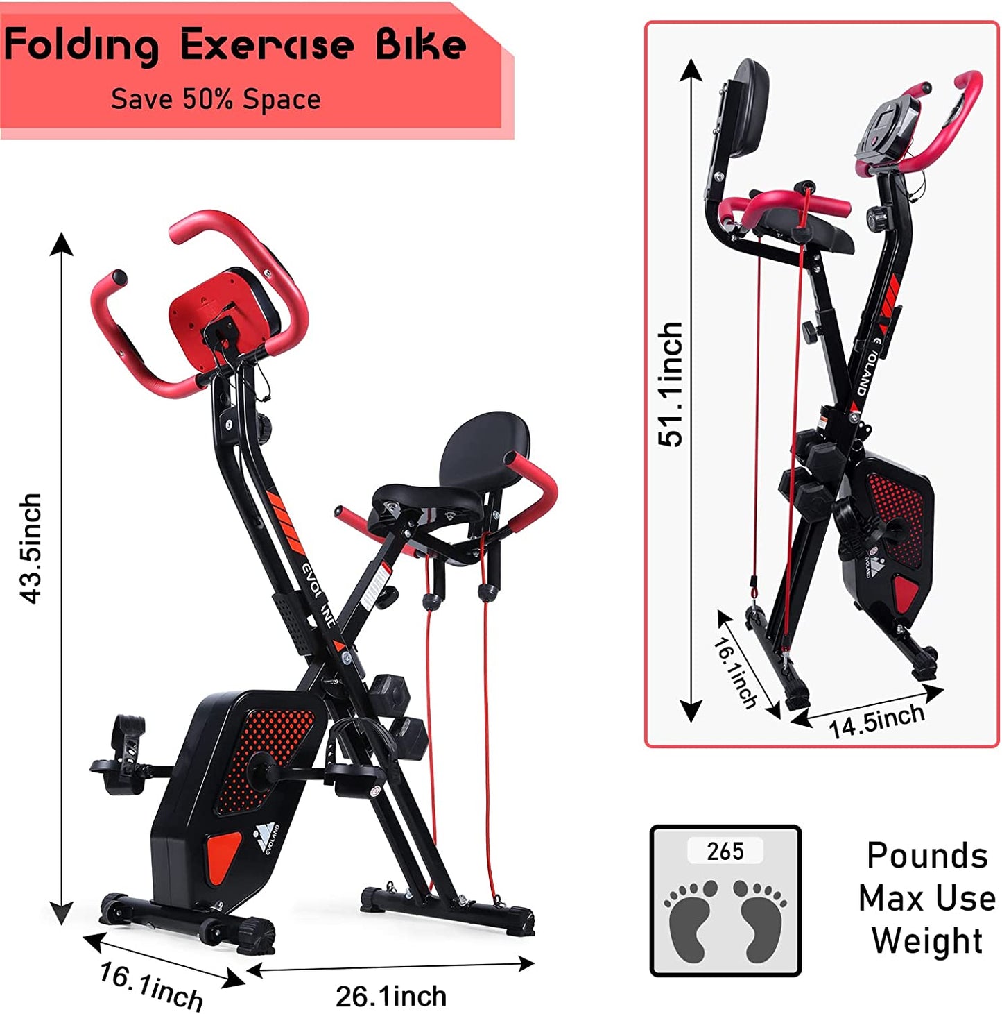 Exercise Bike with 8-Level Adjustable Resistance, Foldable Indoor Trainer Fitness Bike, with Pulse Rate Sensor| LCD Monitor| 2X 1Kg Dumbbells, 265LBS Max Load for Home Use Workout Bike