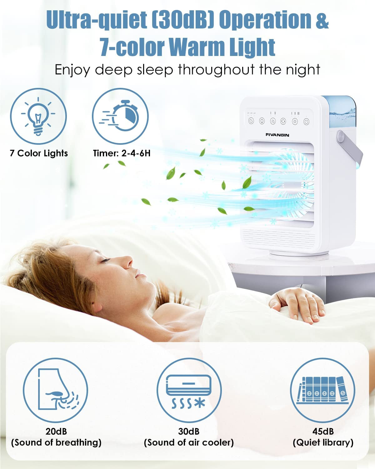 Air Cooler, Personal Portable Air Conditioner with Colored Lights, 4 Speeds, Automatic Oscillation, 4 in 1 Mini Air Cooler Ideal for Home/Bedroom/Dorm/Office