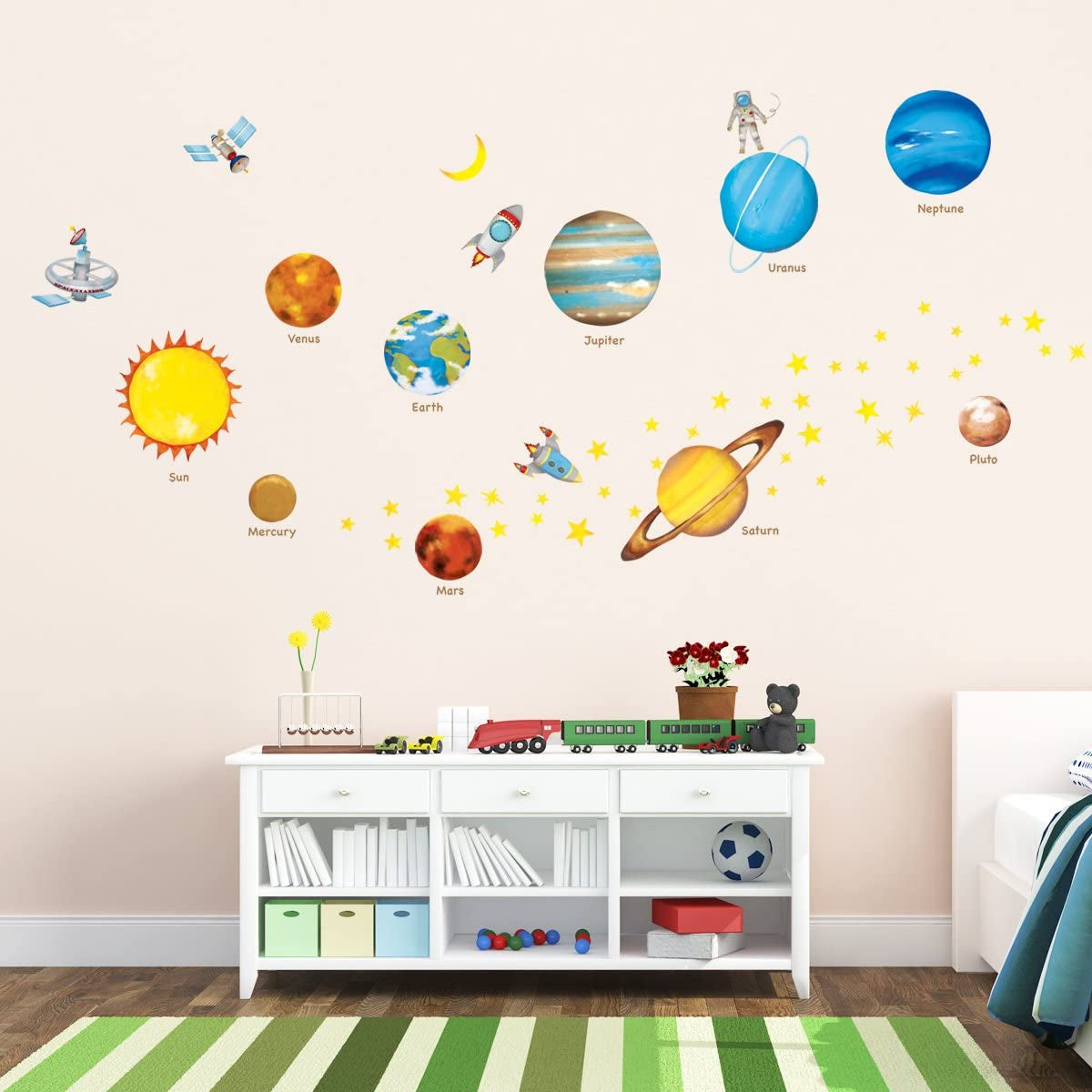 DW-1307 Planets in the Space Kids Wall Stickers Decals Peel and Stick Removable for Nursery Bedroom Living Room Art Murals Decorations