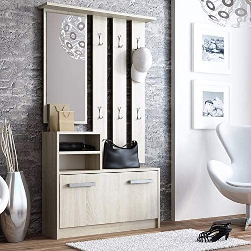 Julie Hall Tree with Shoe Cabinet, Wall Panel, Shelf & Mirror, Matte Sonoma Oak