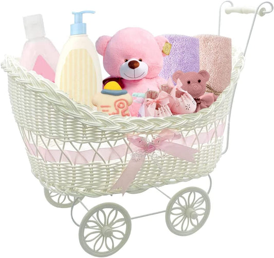 ® LARGE BABY PRAM HAMPER WICKER BASKET BABY SHOWER PARTY GIFTS BOYS GIRLS NEW BORN (Pink)