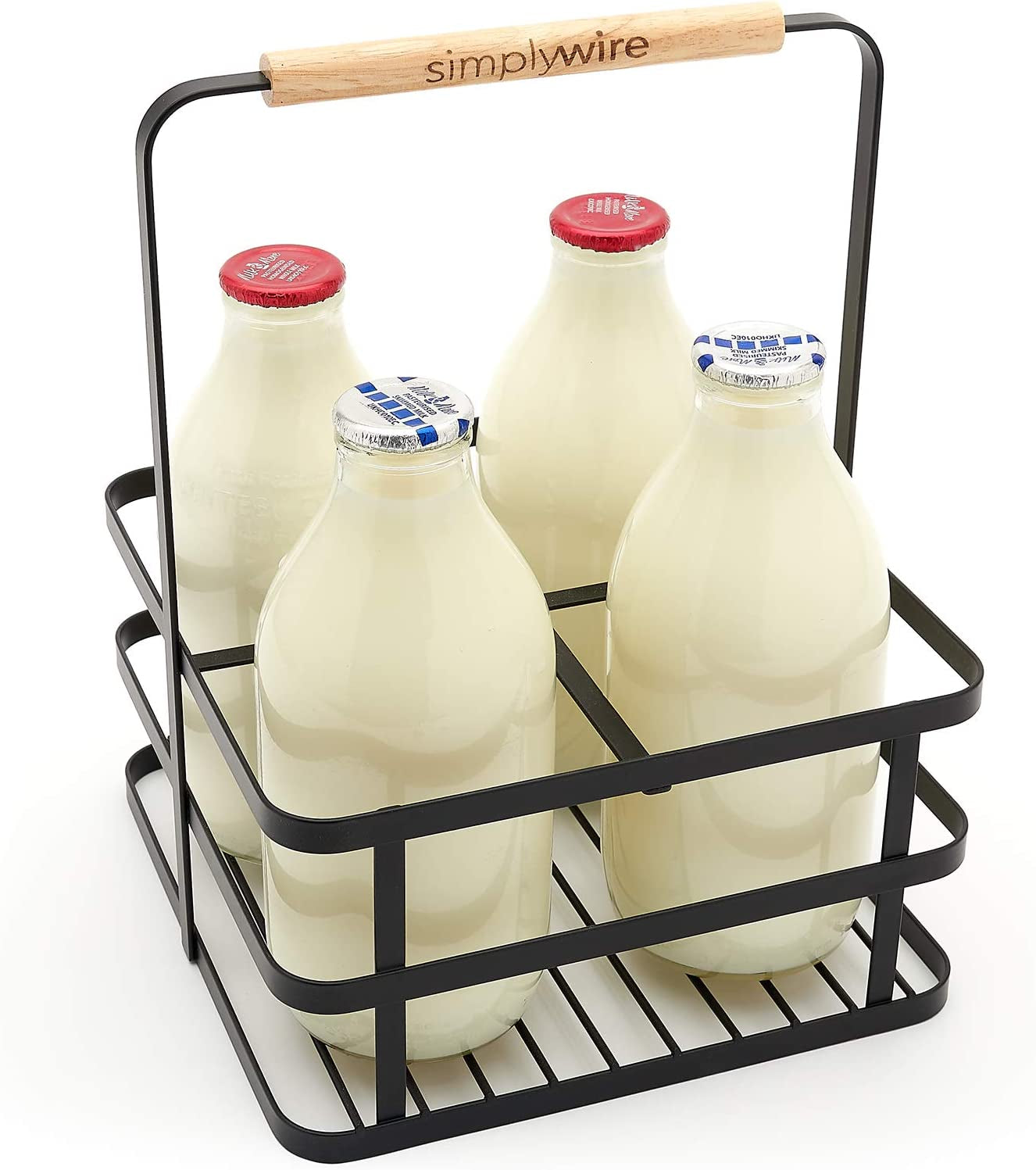 - Retro 4 Unit Milk Bottle Holder – Wine Bottle Carrier – Black Flat Wire