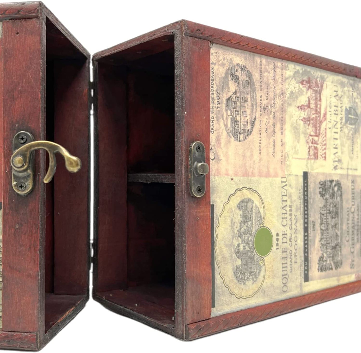 Wooden Wine Gift Box 2 Bottle Carrier Vintage Leather Storage Holder Carrying Case with Handle Champagne Whisky Metal Latch Closure