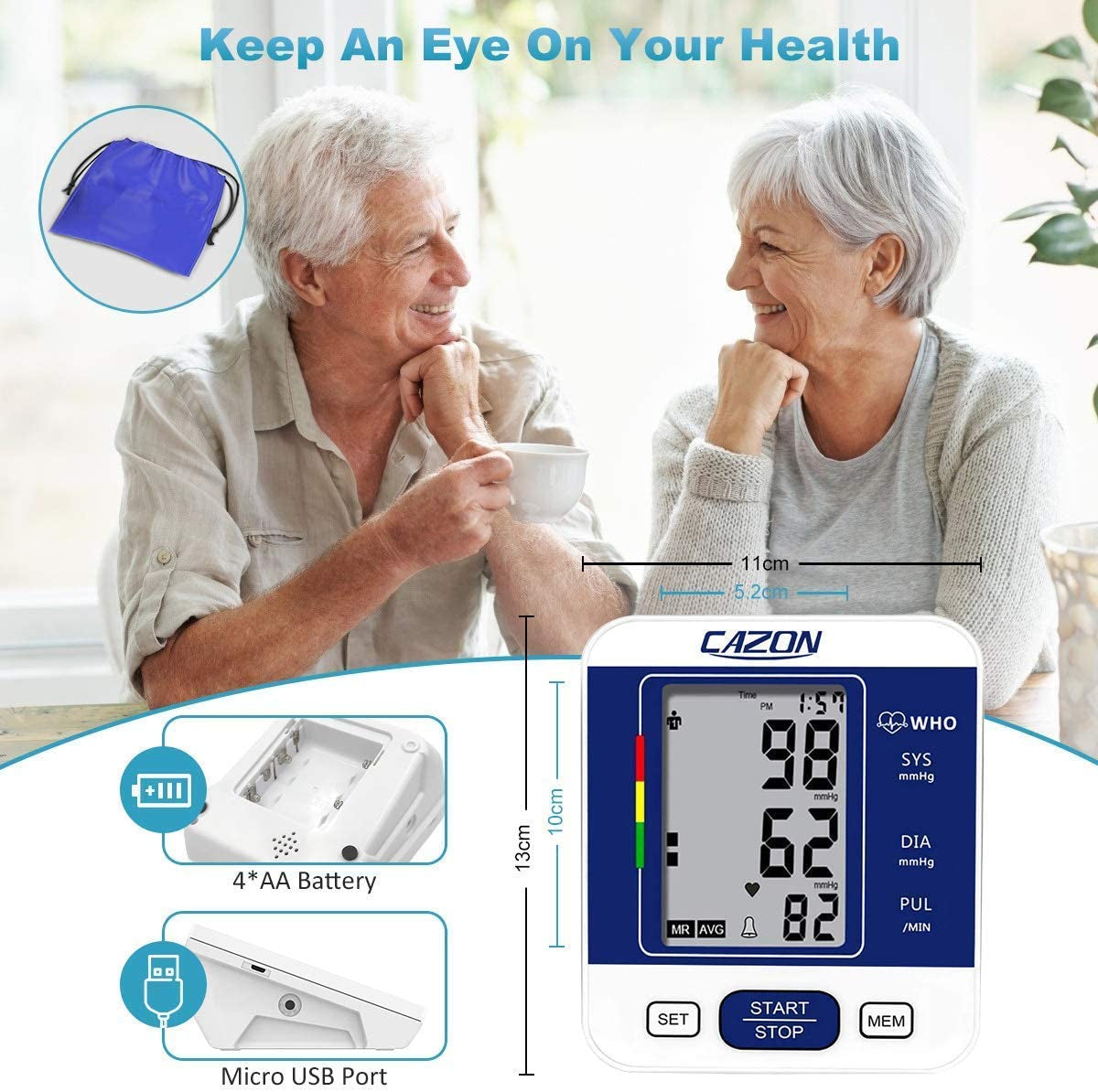 Blood Pressure Monitor Upper Arm BP Machine for Home Use BP Cuff Kit Pulse Rate Detection Meter with Cuff 22-32Cm 2×99 Sets Memory LCD Display (Blue)