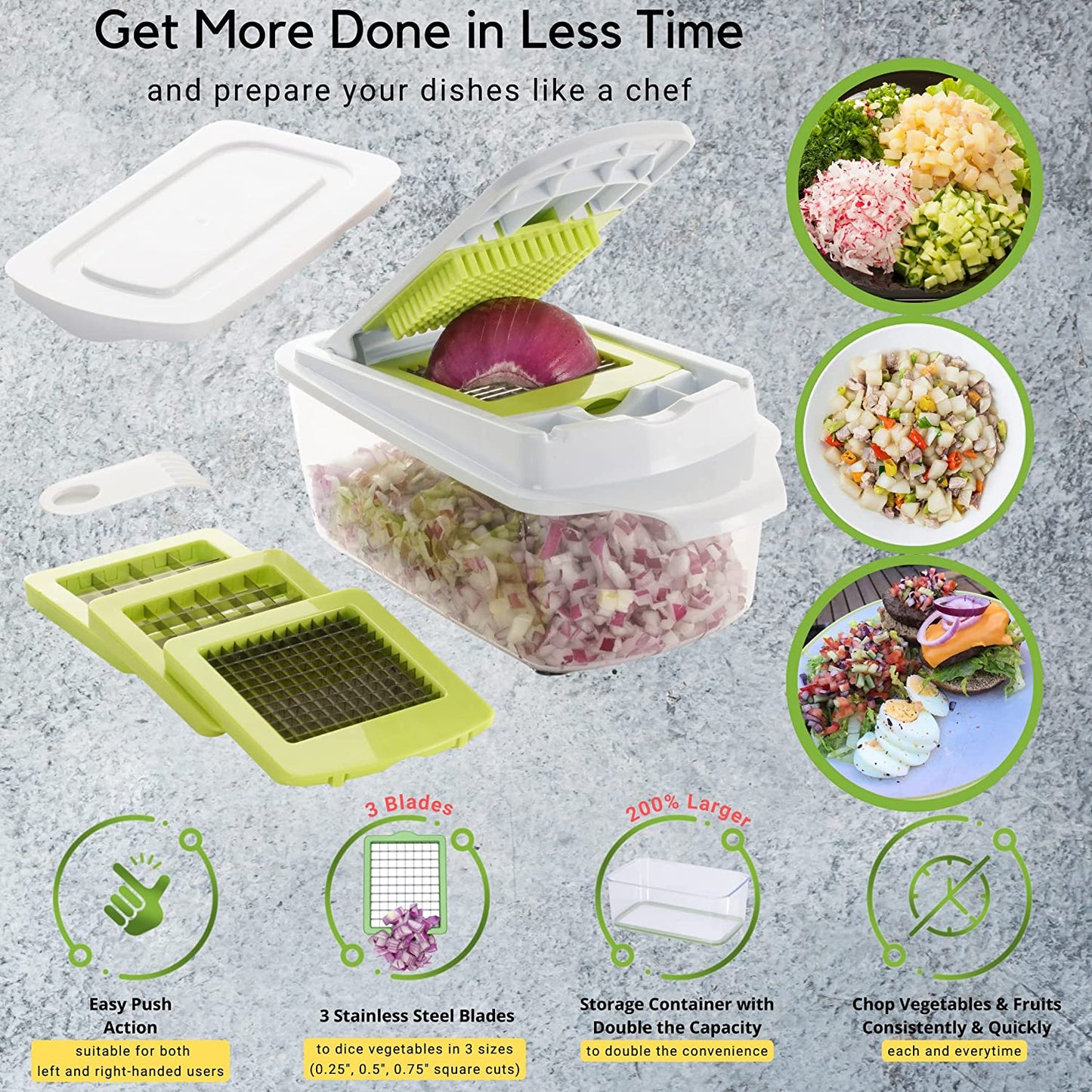 Quickpush Food Chopper (BR-QP-02): Strongest & 200% More Container Capacity, 30% Heavier Duty, Kitchen Vegetable Fruit Dicer, Onion Tomato Potato Fries Cutter, with 3 Dicing Blades & Lid