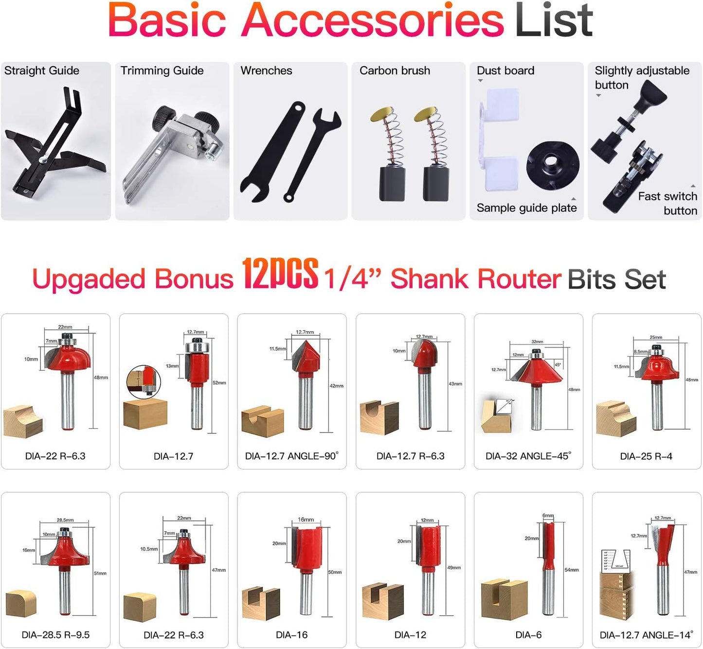 Compact Wood Palm Router Tool Hand Edge Trimmer Woodworking Joiner Cutting Palmming Tool 30000R/MIN 800W 220V with 12PCS 1/4" Router Bits