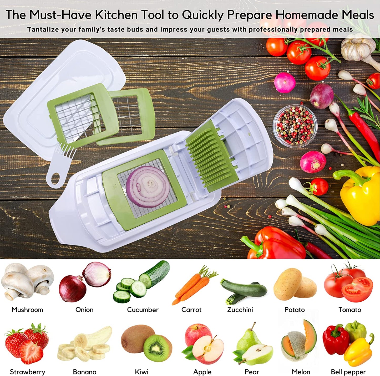 Quickpush Food Chopper (BR-QP-02): Strongest & 200% More Container Capacity, 30% Heavier Duty, Kitchen Vegetable Fruit Dicer, Onion Tomato Potato Fries Cutter, with 3 Dicing Blades & Lid