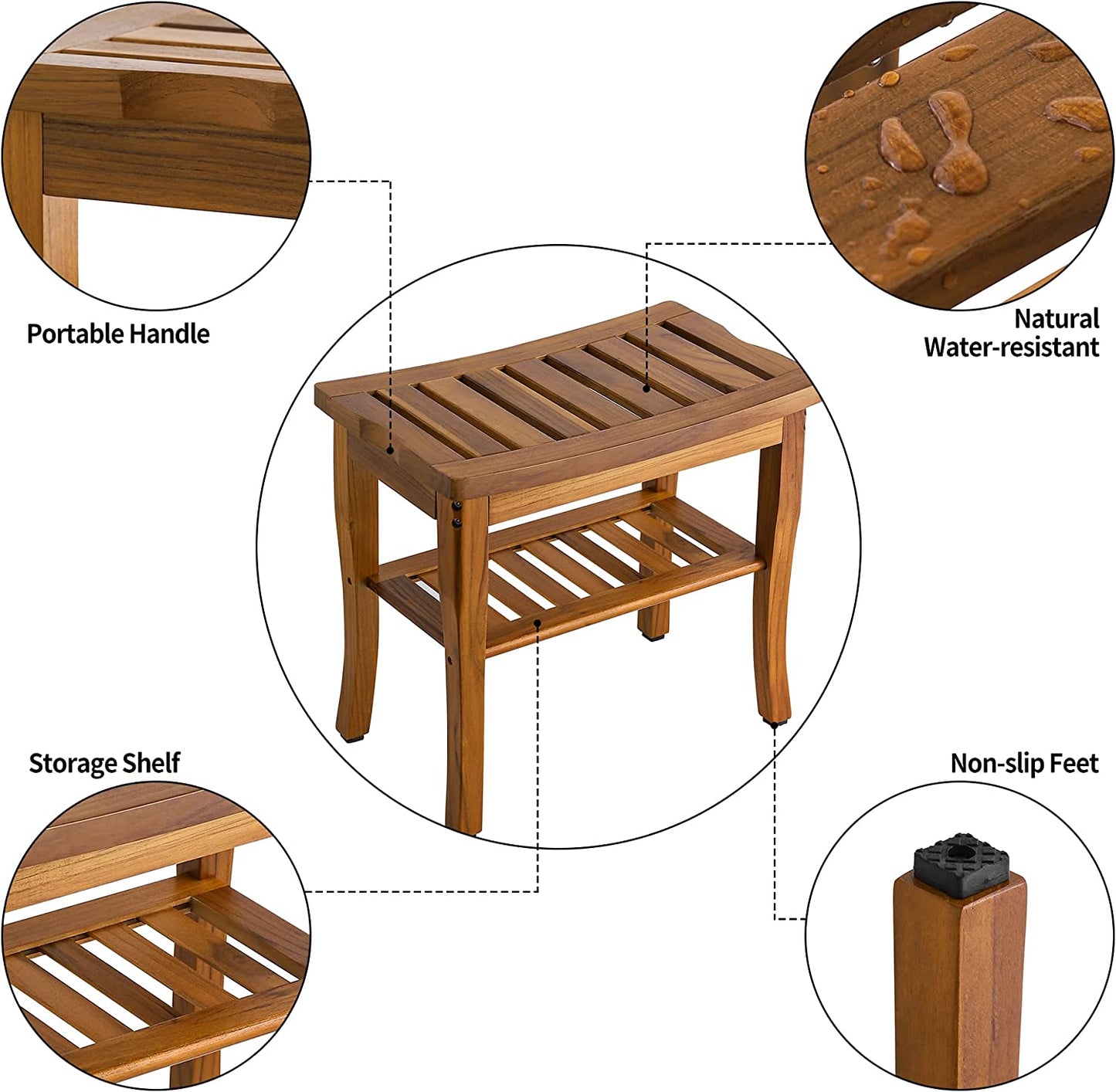 Teak Shower Bench, Spa Bath Shower Stool with Storage Shelf, Wooden Seat Stool for Bathroom