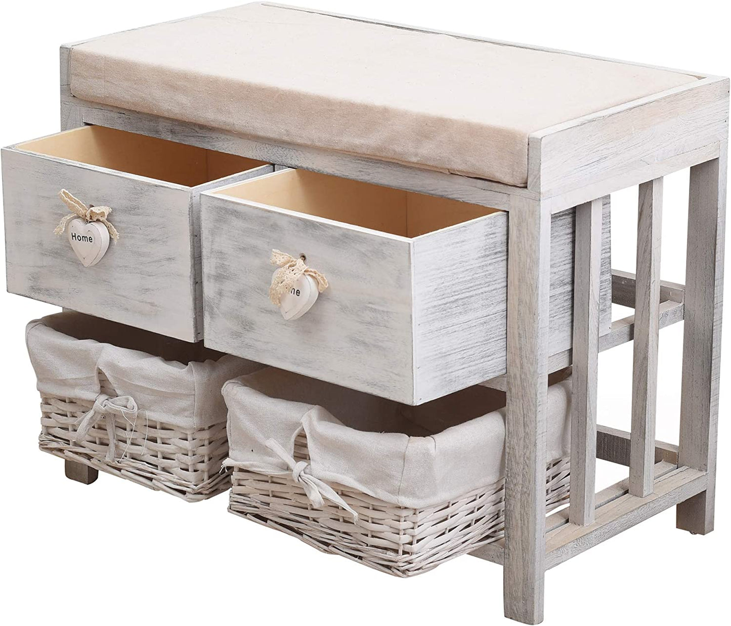 Rebecca Mobili Bench Seat Storage Unit with 2 Drawers Wood White Natural Vintage Bathroom Hall - 46 X 60 X 30 Cm (H X W X D) - Art. RE4553
